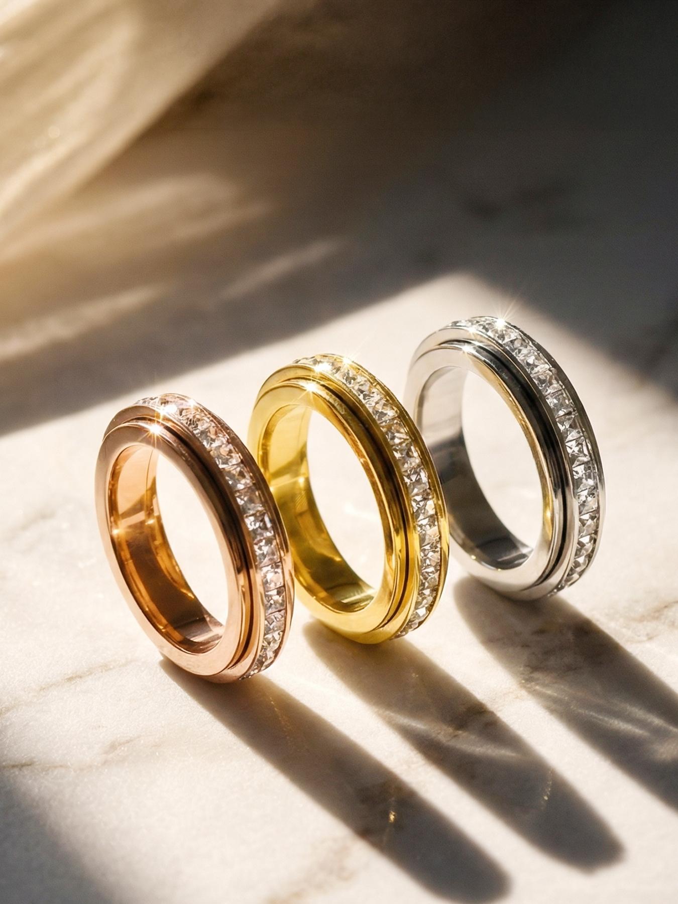 3-piece 18K anti-anxiety ring, fortune-turning rotating stress-relieving ring inlaid with zirconia to relieve anxiety # Jewelry/Stainless Steel/Fade-resistant/Allergy-proof/Couples/Festivals/Parties/Ideal Gift