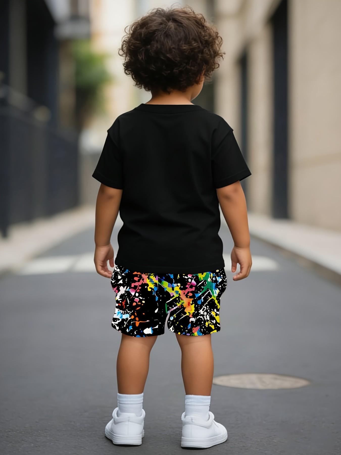 Boys' Printed Casual Summer Short Sleeve Set, Outdoor Sports Fashion T-Shirt & Shorts Two-Piece, Loose Fit Cartoon Pattern