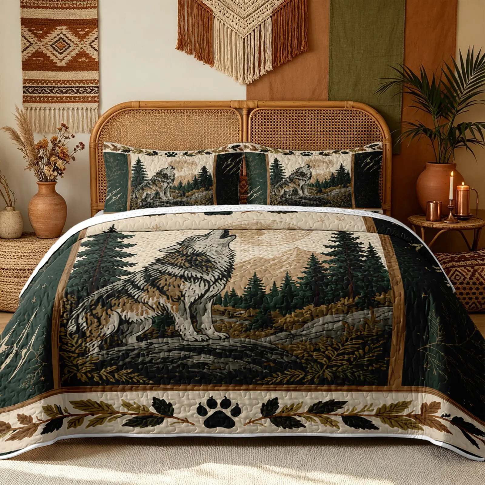 3Pcs Moonlit Forest Wolf Patchwork Quilt Set 1 Quilt 2 Pillowcases Howling Wolf Full Moon Mountain Pine Forest Print Vintage Wilderness Style Reversible Soft No Inner Filling All Season Printed Bedding Set