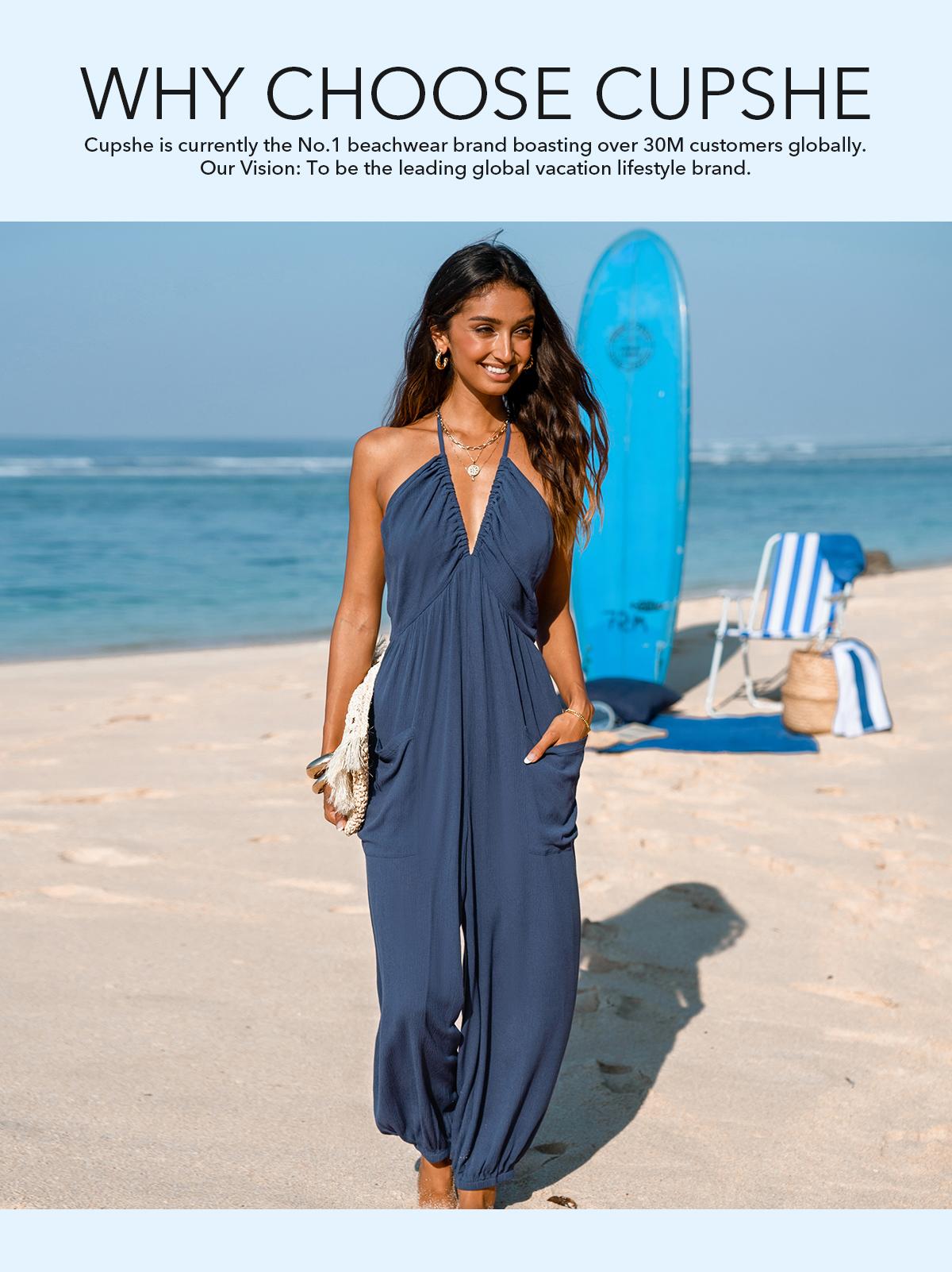 CUPSHE Plunge Halter Wide Leg Jumpsuit with Pockets Sleeveless Overalls– Adjustable Strap Lightweight Tropical Print Resortwear SpringStatements