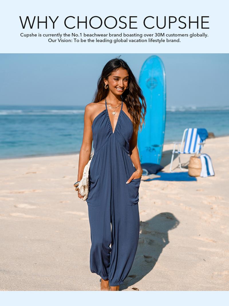 CUPSHE 【Valentine's Day】 Plunge Halter Wide Leg Jumpsuit with Pockets – Adjustable Strap Lightweight Tropical Print Resortwear