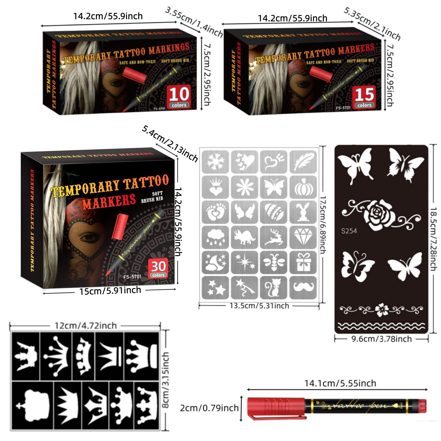 Temporary Tattoo Markers for Skin, 10/15/30-Count Body Markers+ Large Tattoo Stencils, Mehndi Stencils,10/15/30 Colors Tattoo Pens,Flexible Brush Tip, Bright colors, Face Paint Kit Quality,Halloween makeup