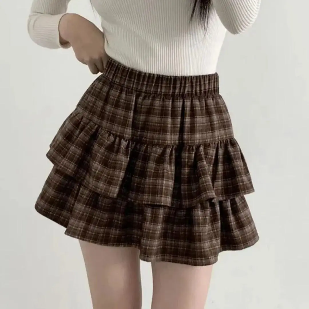 Japanese Y2k Cute Ruffled Plaid Skirt Subculture White Lace Cake Skirts Preppy Casual New Women Princess Puffy Skirts Mini Skirt