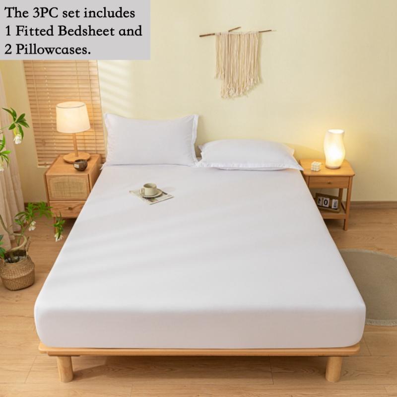 3pcs Solid Elastic Fitted Sheet Set, Full Coverage Non-Slip Mattress Protector, Deep Pocket Fits 5-30cm Mattress, Soft Breathable Durable Bedding, Wrinkle-Free and Fade-Resistant