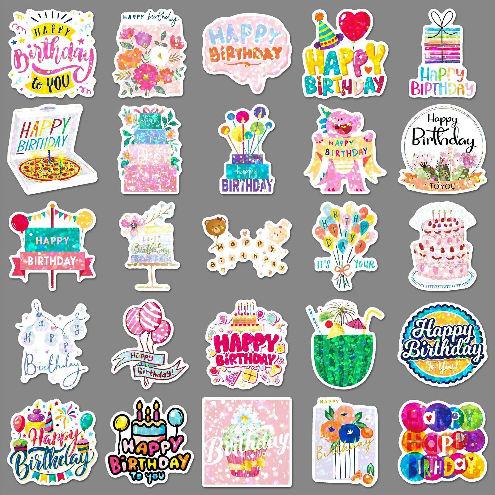 50pcs Happy Birthday Stickers, Colorful Party Waterproof Vinyl Decals, Cute Birthday Cake Balloon Stickers, Birthday Gift Pack for Teens Adults