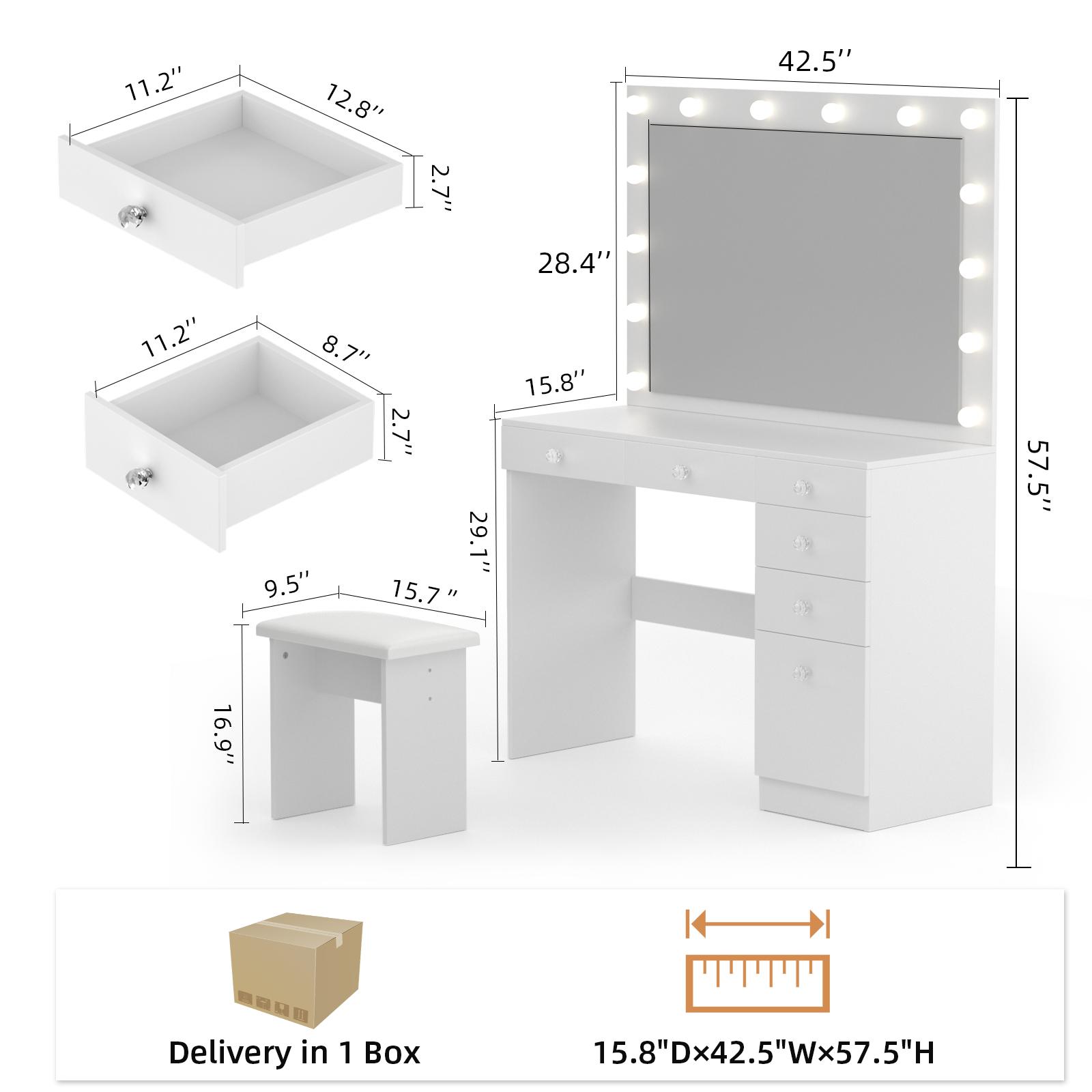 VOWNER Makeup Vanity Table,Vanity Desk With 14 Bulbs & Large Lighted Mirror, 5 Drawers And 1 Cabinet For Storage, Come Up With Stool