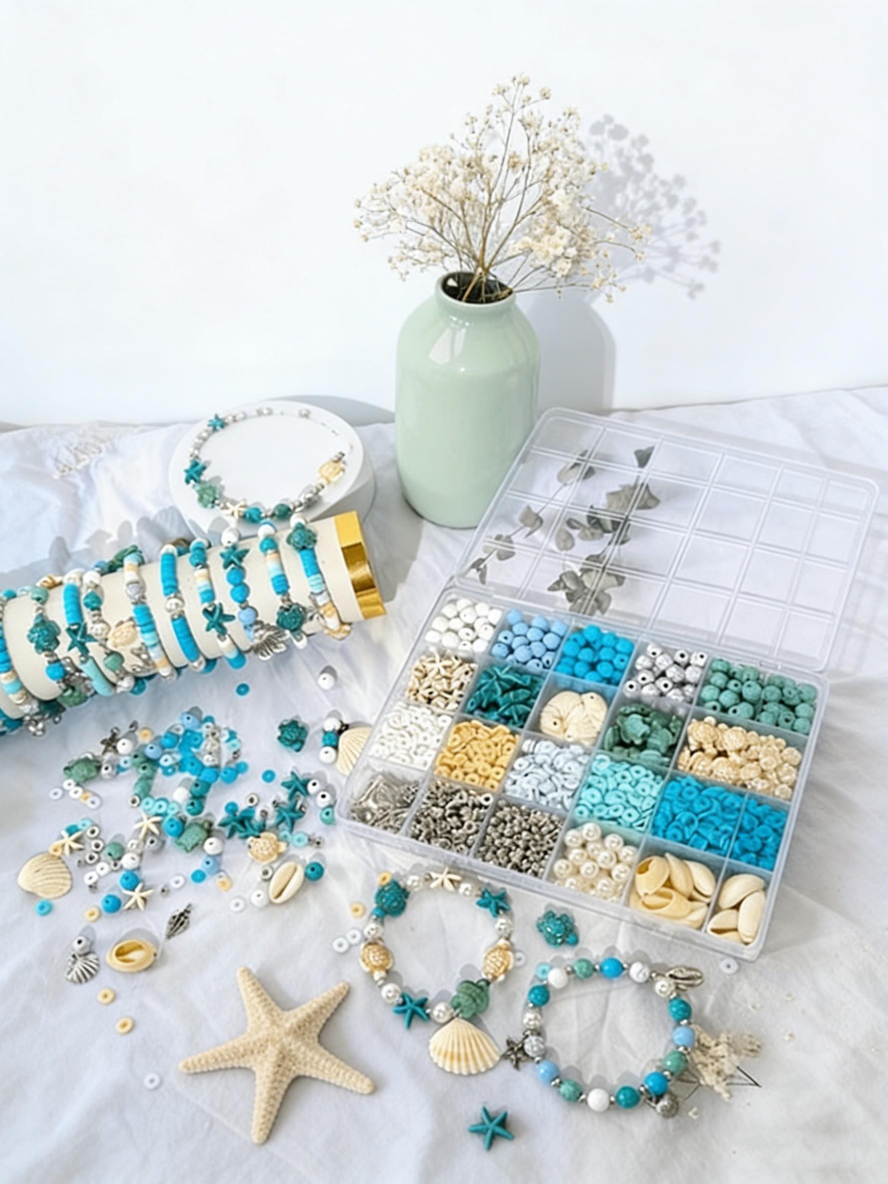 24 Grid 1200pcs Ocean Theme Acrylic Bead Set, DIY Jewelry Making Kit, Bracelet Necklace Craft Supplies, Includes Large Storage Box