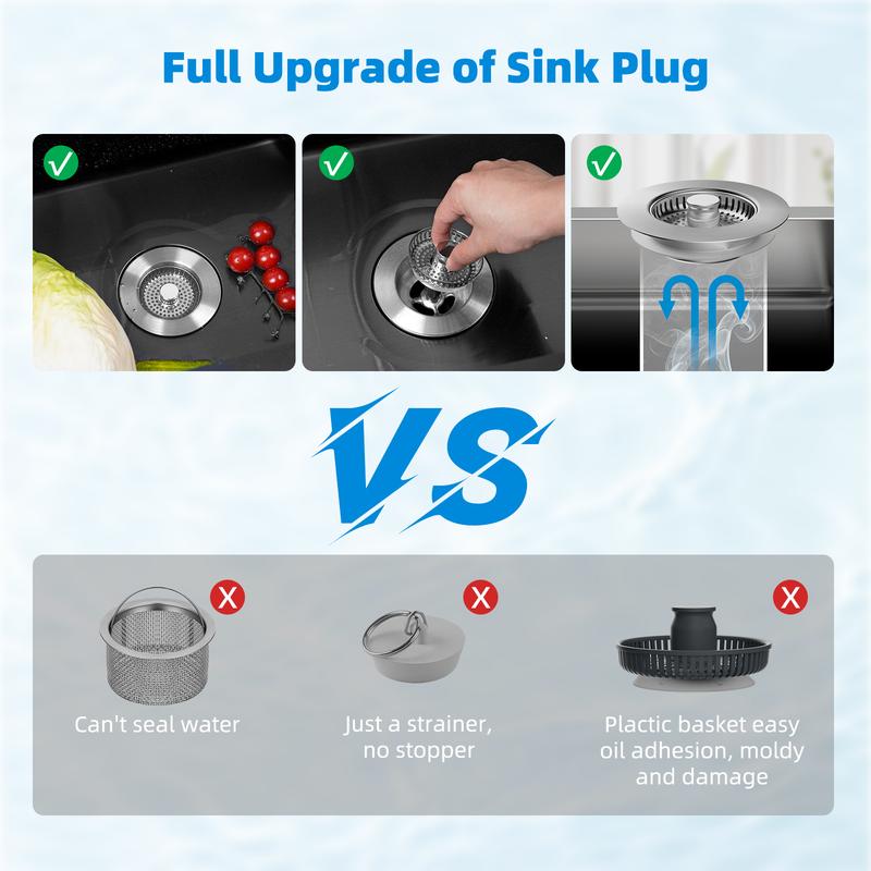 3-in-1 Kitchen Sink Drain Strainer, Stainless Steel Sink Plug, Deodorizing Anti-Clog Basket Strainer for US Standard 3-1/2 Inch Drains