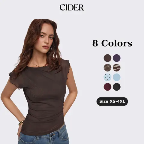 Cider Mesh Boat Neck Lettuce Trim Ruched Top