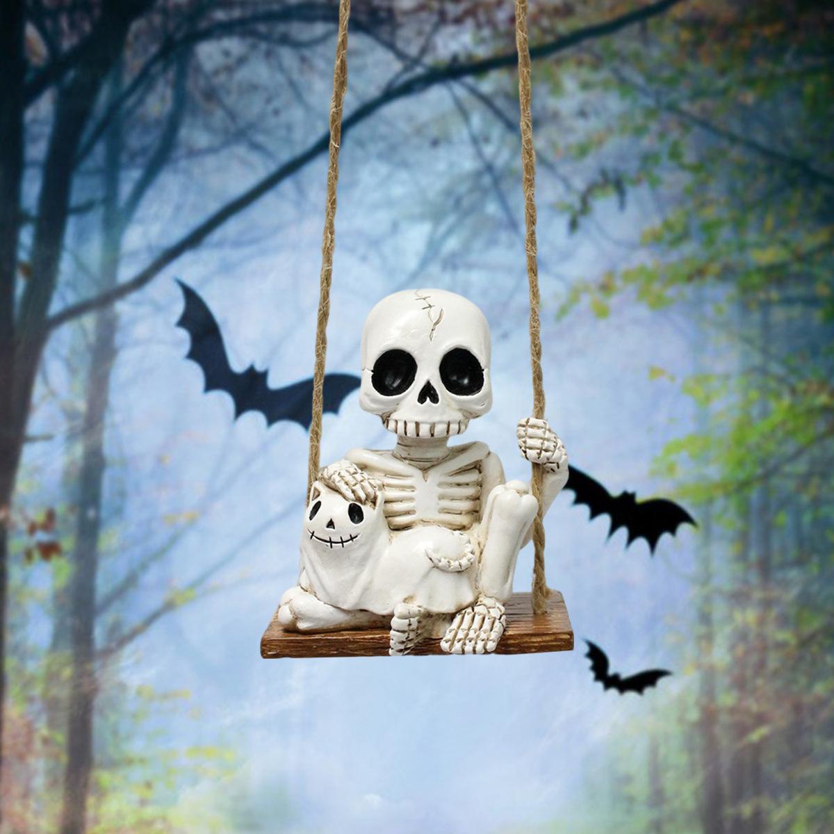Outdoor Swing Skull Cat Ornament, Spring Garden Courtyard Hanging Skull Statue, Fun Small Skull Decor, Halloween Decoration