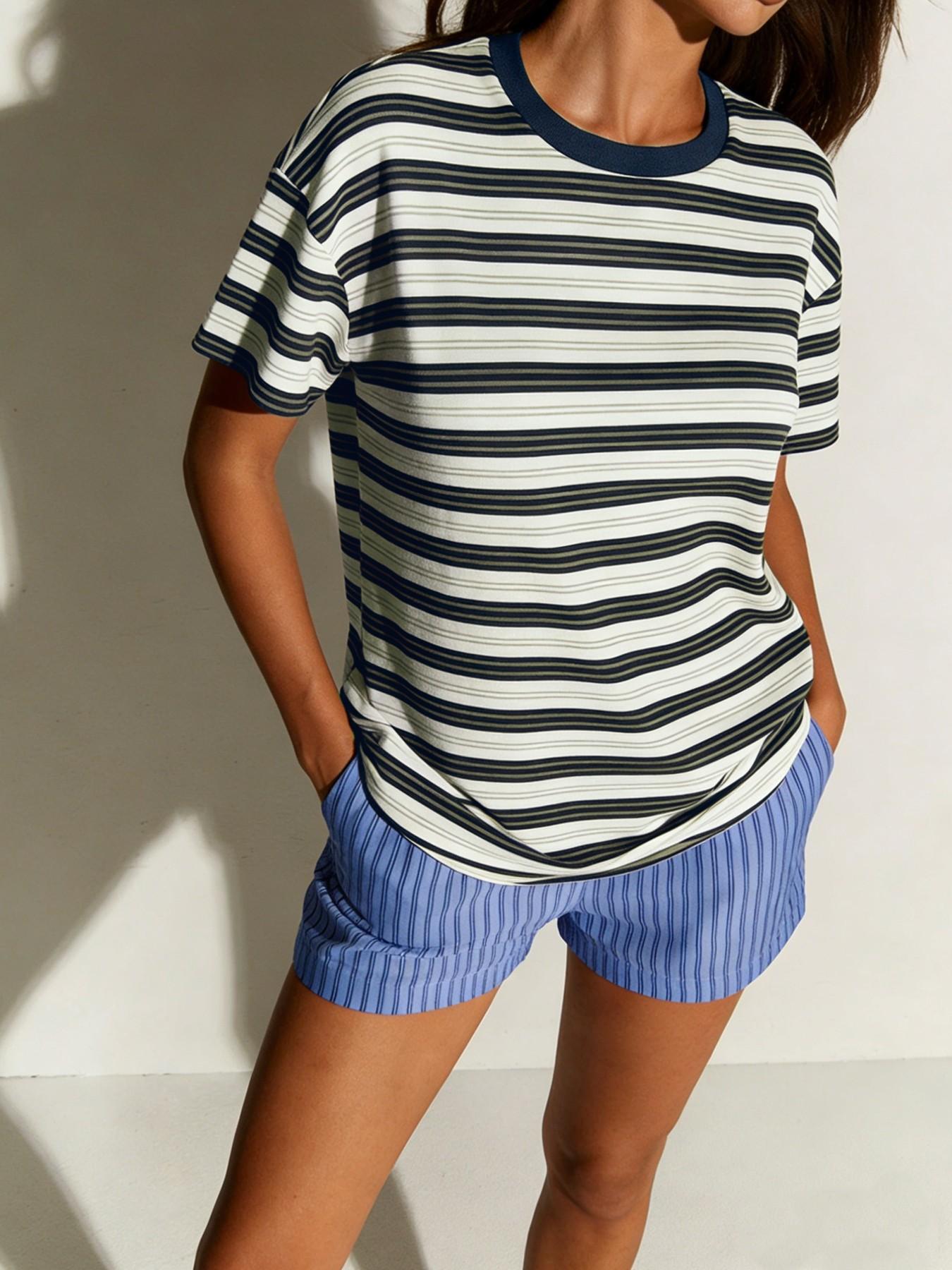 Striped Oversized Round Neck Short Summer Tee with Contrast Neckline, Effortlessly Cool Casual Chic Everyday Top Fit