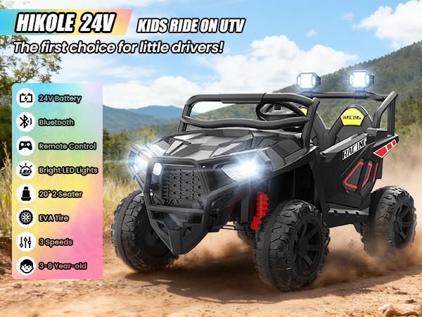 Hikole 24V 2-Seater Ride On Truck for Kids – Electric UTV w/ Remote, Bluetooth, LED Lights, Music & Shock Absorption, Christmas Gifts for Kids 2025