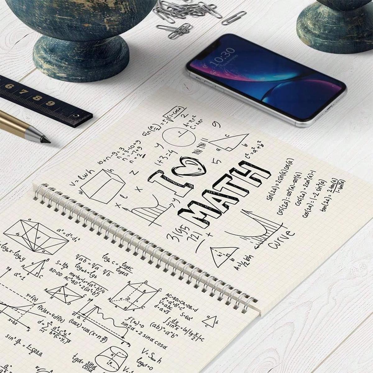 Spiral Grid Notebook, 1-Pack/4-Pack, Transparent Cover, 80 Sheets Graph Paper, Twin-Wire Binding, 180° Lay-Flat, Thick Smooth Pages for Math Notes, Planning and Journaling, Back-to-School Supplies, Spiral Notebooks for Work