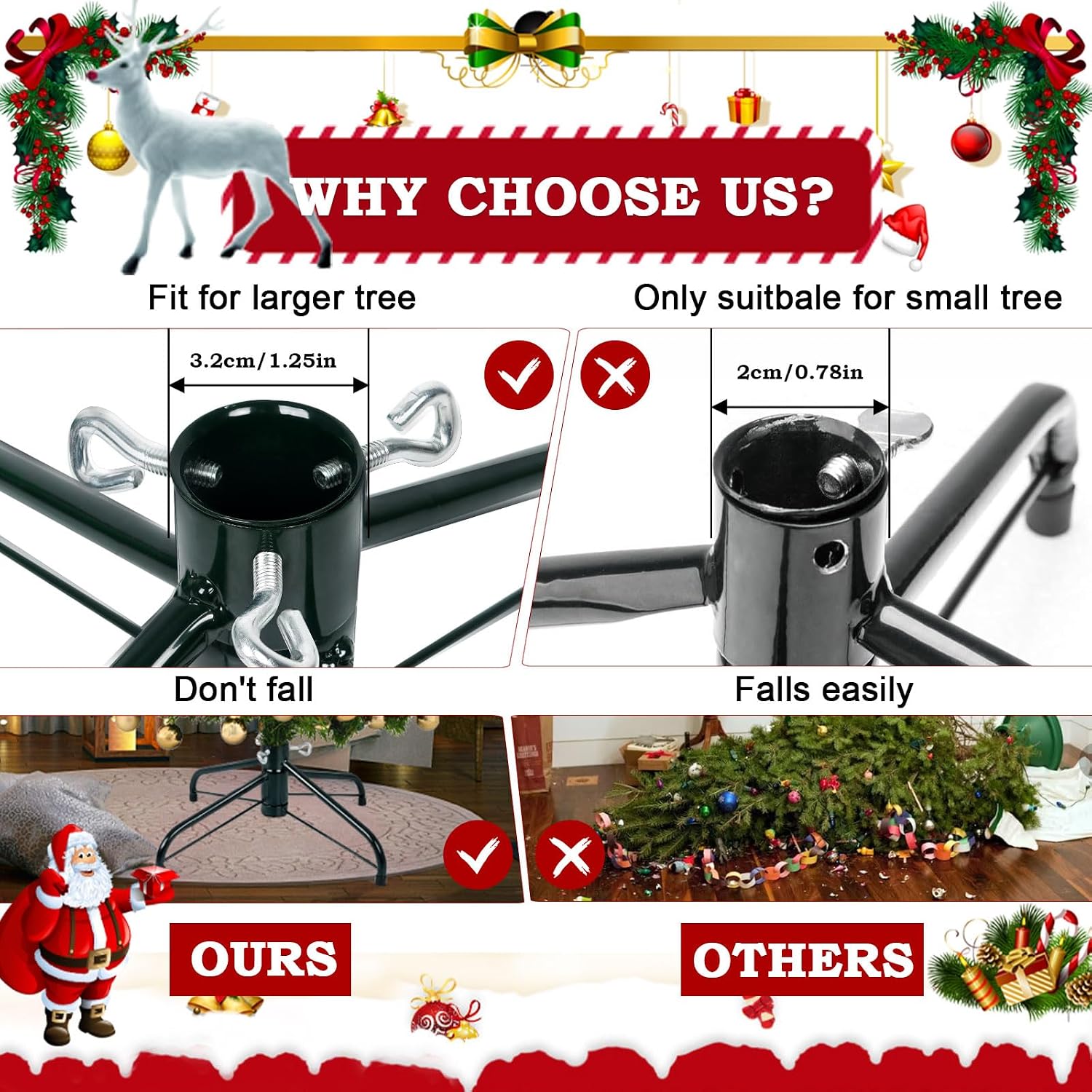 Christmas Tree Stand, Christmas Tree Base  (Length16.1, Dia 1.25") for Artificial Trees up to 2-7 FT Heavy Duty Folding Christmas Tree Stands Dark Green