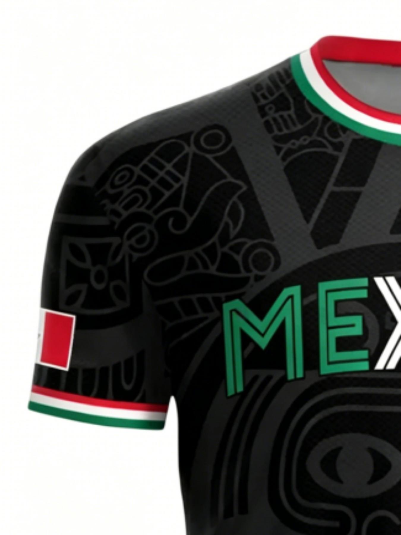 Men's Mexican Aztec Calendar Sport T-Shirt, Mexico Football Fan Street Style Round Neck Short Sleeve Top, Geometric Pattern, Loose Fit