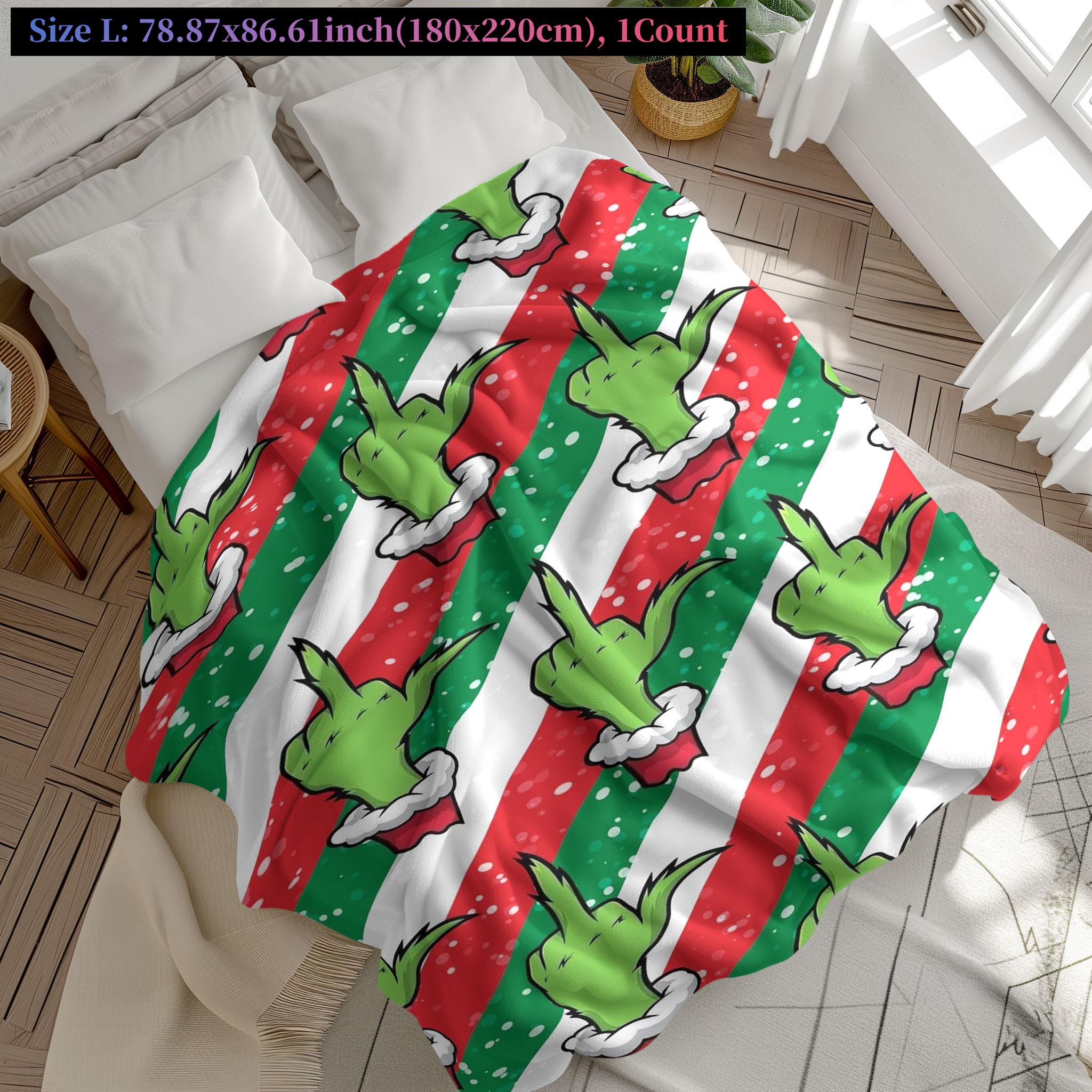 Modern Christmas Grinch Flannel Blanket, Digital Print Geometric Snowflake Design, All-Season Multi-Purpose Throw
