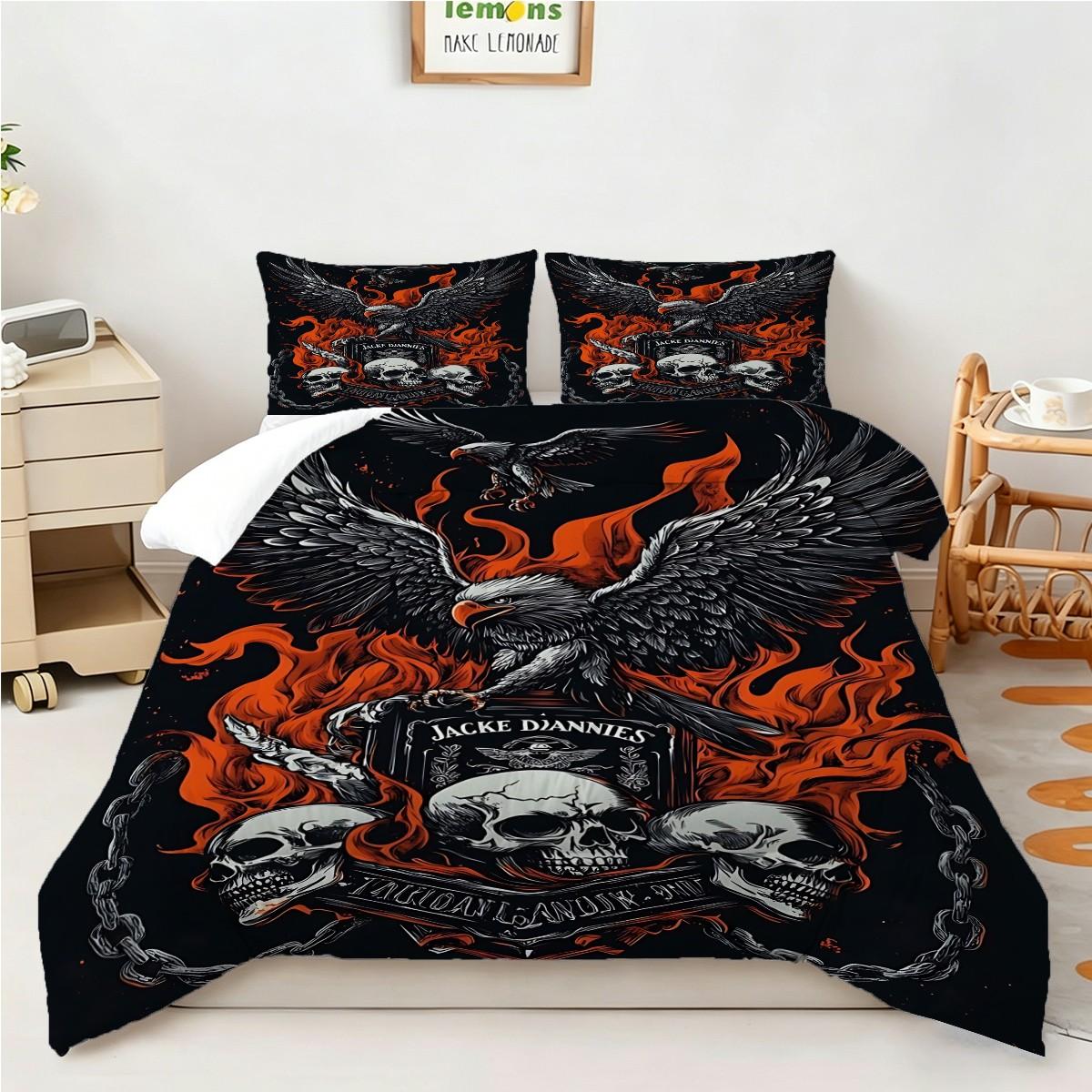 Dark Gothic Eagle Skull Bedding Set, 2/3 Pcs Comforter & Pillowcases, No Pillow Core, All‑Weather Comfortable Comforter Set, Ideal for Guest Bedroom, Boys Room, Game Room, Holiday Gift, Trendy Heavy Metal Room Styling