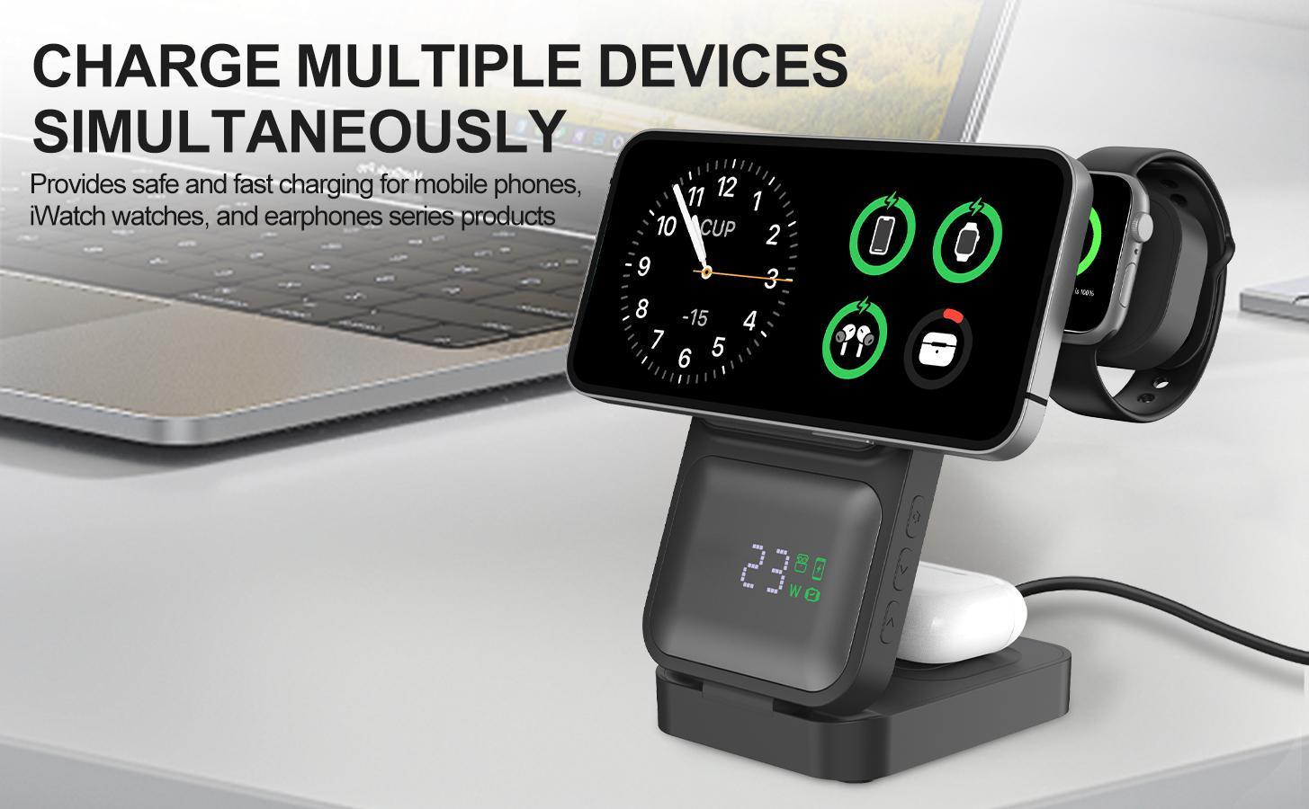 S1-A Folding 3-in-1 Magnetic Wireless Charging Station with Digital Clock - Fast Qi Charger for Qi-Enabled Cellphones, Wearables & Earbuds, Desk & Travel Portable Electronic Accessories Dock Stand