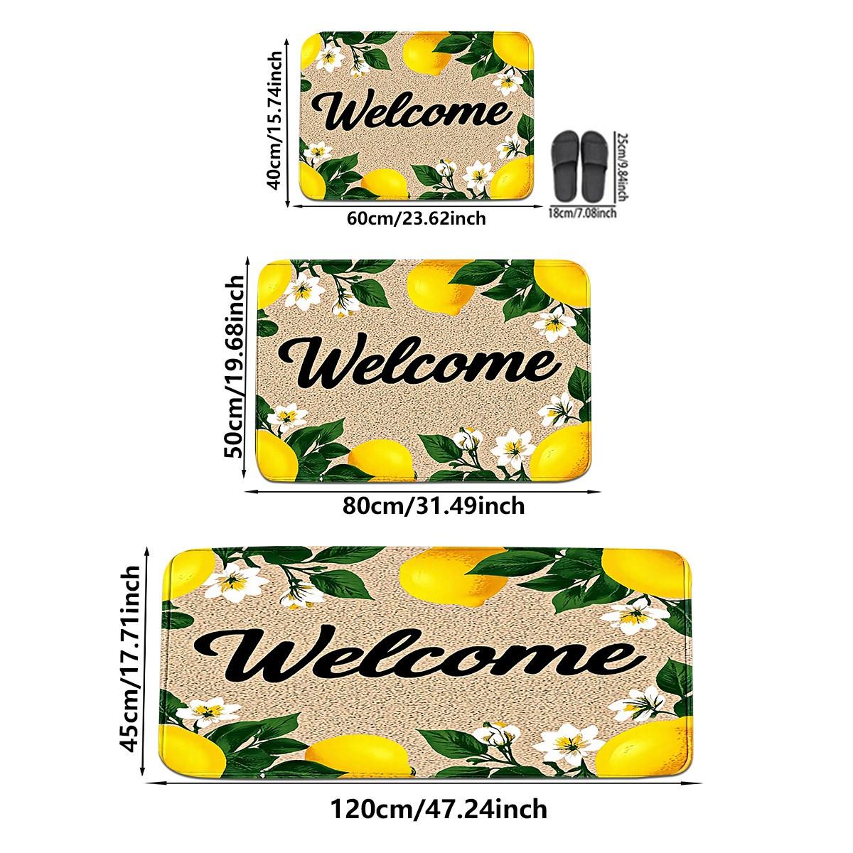 1pc Welcome Lemon-Frame Solid Minimalist Flannel 100% Polyester ENTRANCE MAT, foyer/aisle/door light absorb light slip-safe, fold-flat space-save, fruit-lover flex lay, machine-wash gentle fade-free gift-ready