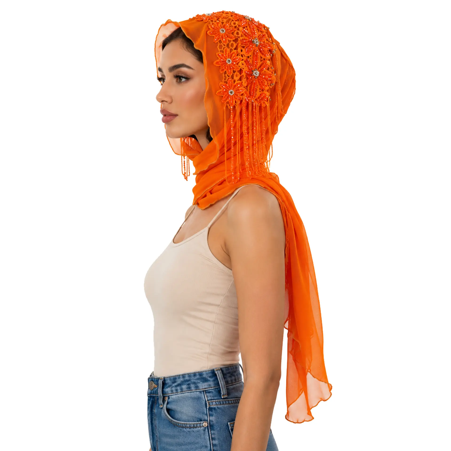 Vibrant Orange Beaded Floral Lace Long Scarf Hijab Headwrap Draped Sheer Chiffon Shawl Hanging Beaded Tassel Summer Party Travel Modest Fashion