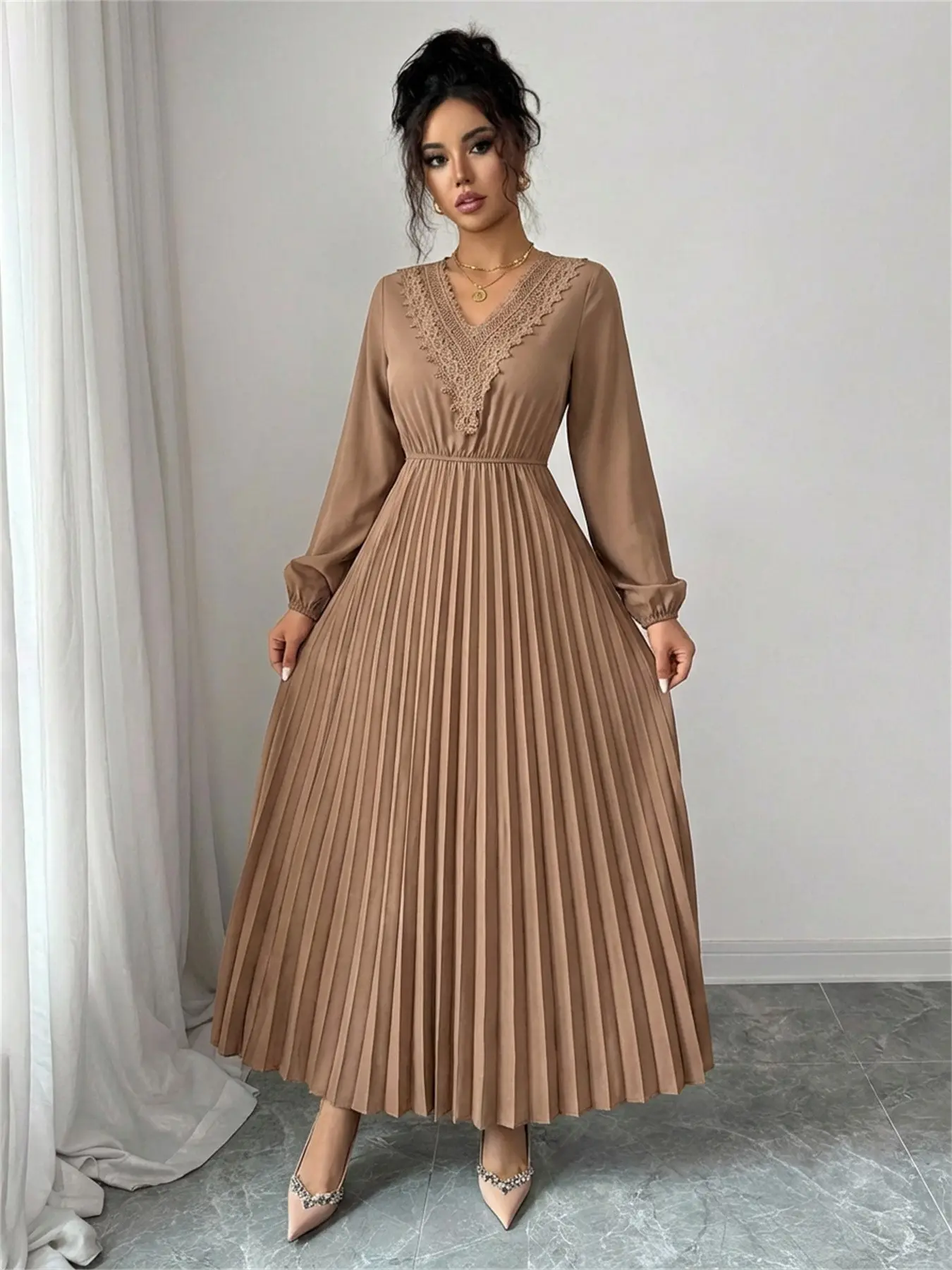 Elegant V-Neck Lace Trim Long Sleeve Ruffle Waist Midi Dress, Spring & Fall Pure Color Fashion, Women's Casual Wear, Chic
