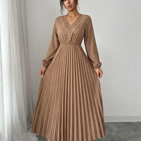 Elegant V-Neck Lace Trim Long Sleeve Ruffle Waist Midi Dress, Spring & Fall Pure Color Fashion, Women's Casual Wear, Ruffled