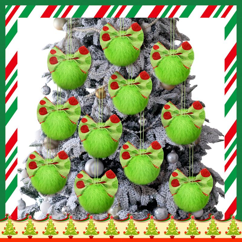 Christmas Clearance Sale Christmas Decorations Green Monster Christmas Ornament Christmas Balls, Shatterproof Glittering Christmas Tree Decoration, Funny Cute Lime Green Furry Hanging Ornament with Red Bow, Holiday Party Home Christmas Decor for Xmas Tree
