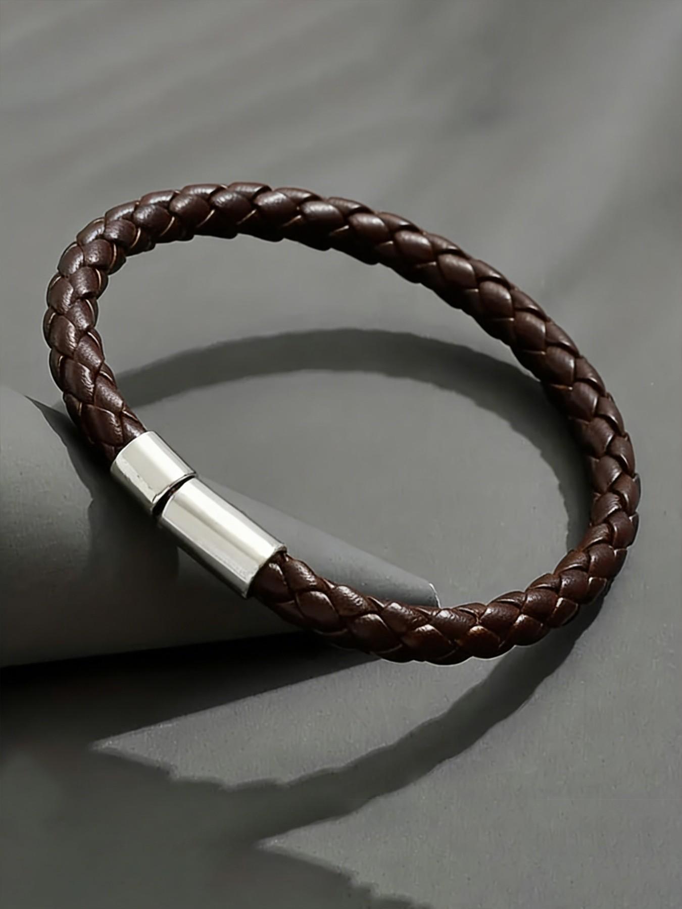 Men's Fine Woven Leather Bracelet, Minimalist Casual Style, Thin Braided Wristband, Fashion Accessory for Daily Wear, Perfect Gift