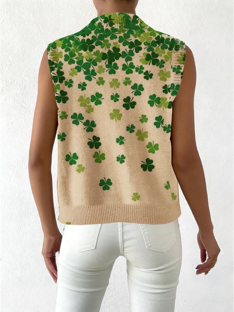 Women's Clover Print Small Collar Sweater, Casual Sleeveless Knitwear for Autumn Winter, Comfortable Versatile Top for All Seasons