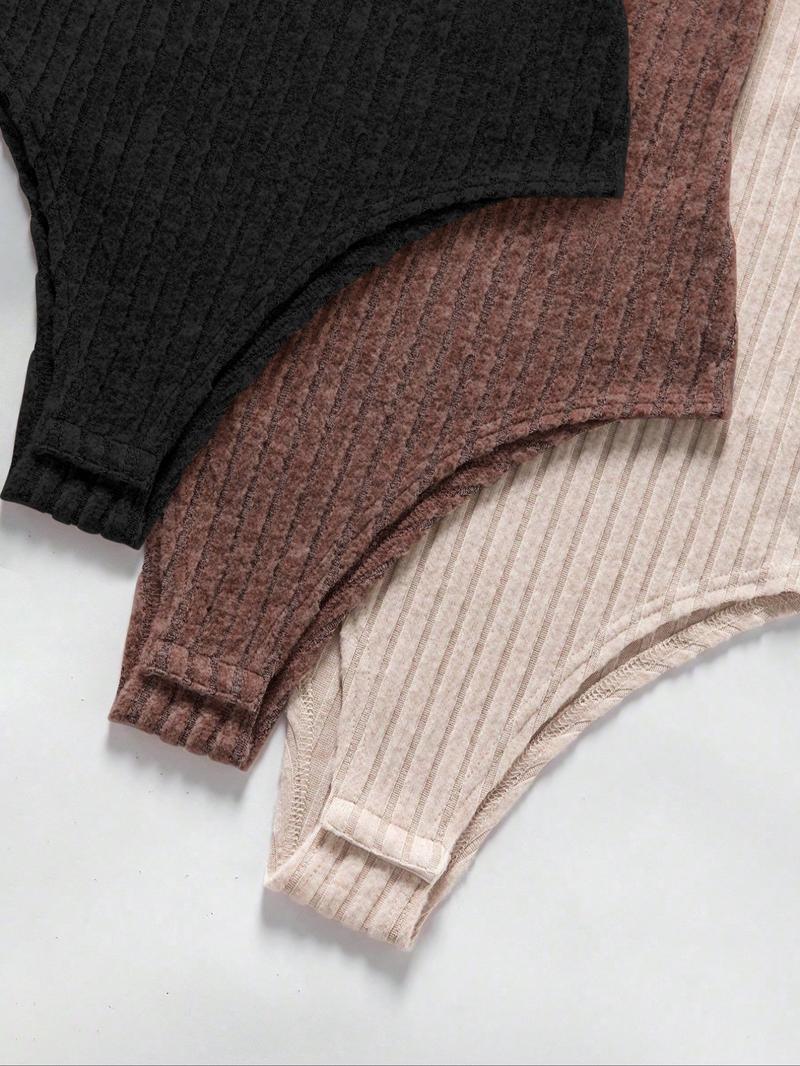 Women's Fall Winter 3-Piece Set, Fashionable Slim Fit Ribbed High Neck Fleece Lined Long Sleeve Bodysuit, Comfortable Underwear