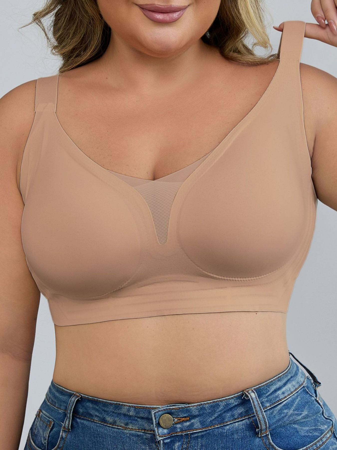 Women's Plus Size Seamless Wireless Bra - Gather & Lift Support, Breathable Mesh, High Side Wings for Side Fat Control, No Underwire Comfort