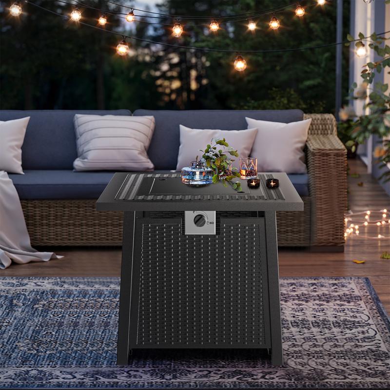 Jocoevol 28Inch Propane Fire Pit, Square Outdoor Gas Fire Pit Table with Fire Poker, 3-in-1 Multipurpose Firepits for Patio with Lid