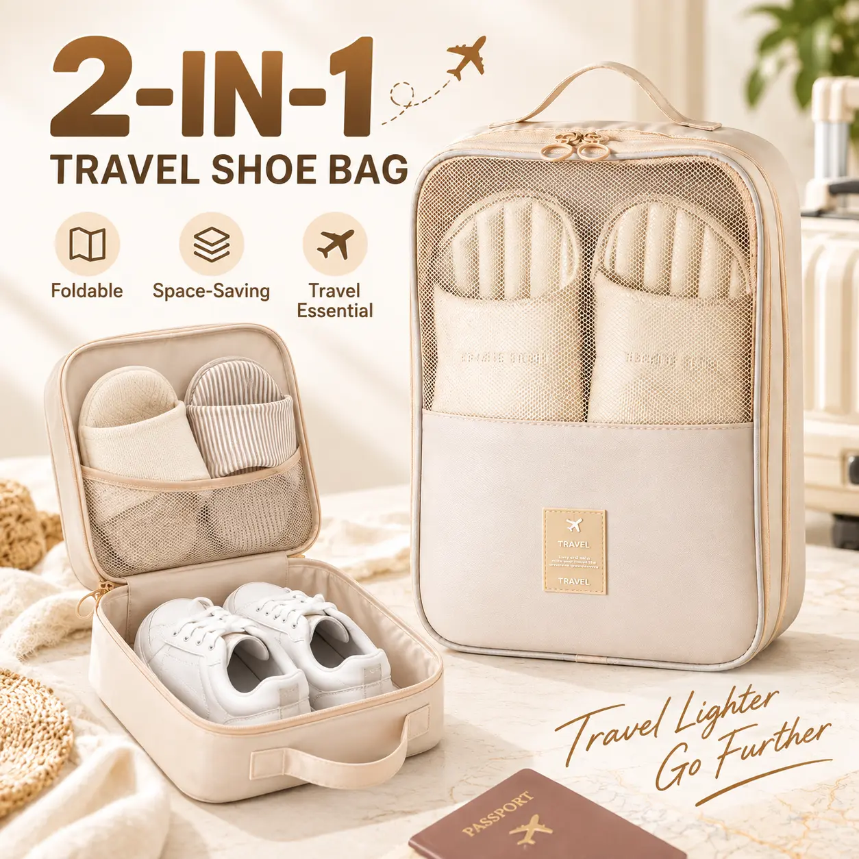 2-in-1 Travel Shoe Bag, Foldable Shoe Organizer for Packing, Compact Shoe Storage Pouch for Luggage & Home, Space Saving Travel Organizer, Portable Shoe Carry Bag, Travel Essentials for Women Men, Bedroom Closet Storage