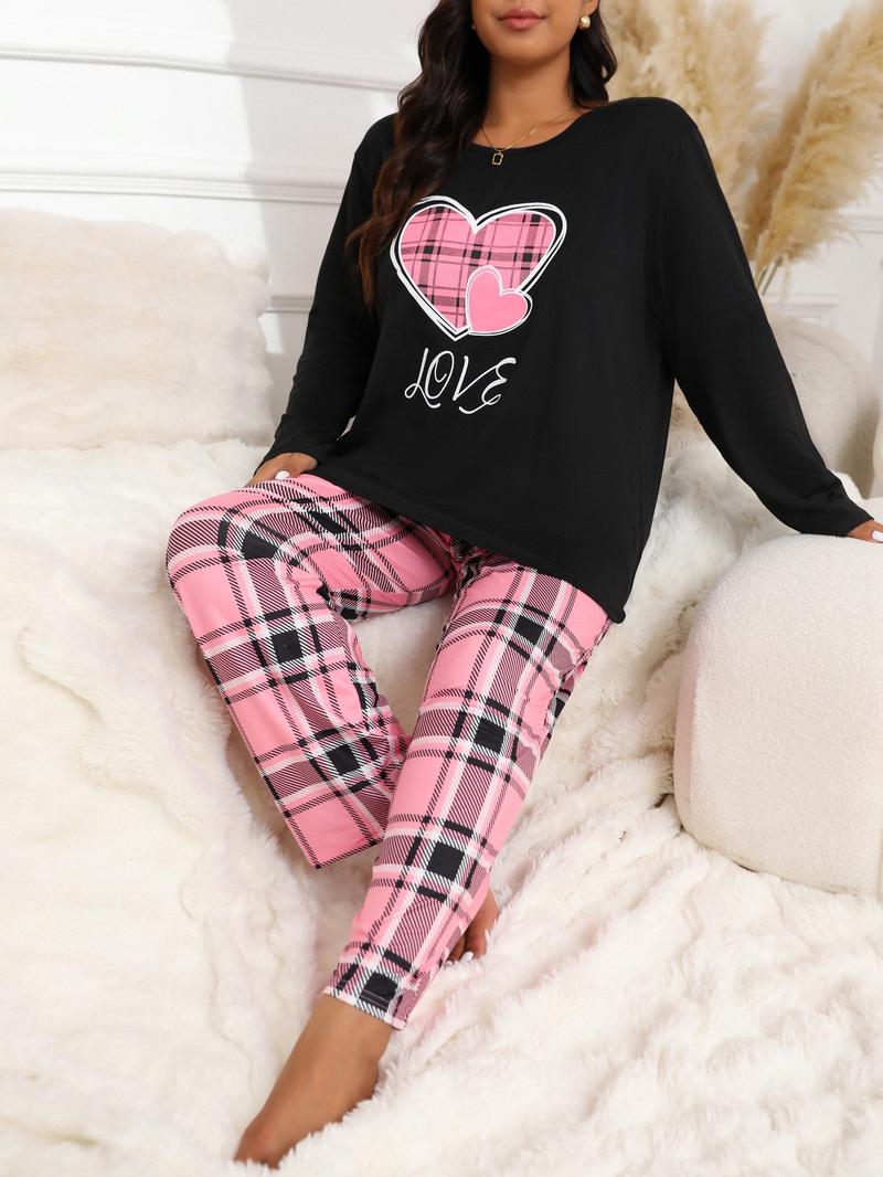 【Plus Size】 Two-piece Set Long Sleeve Heart Print Tee & Plaid Print Bow Decor Pants Pyjama, Casual Comfy Round Neck Top & Trousers Pj Set, Women's Sleepwear for Spring & Fall Pajamas