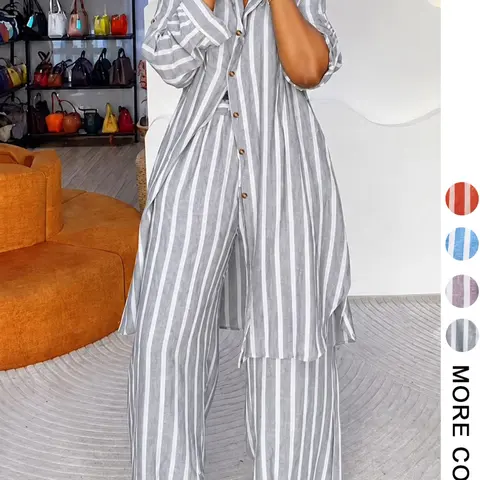 Plus Size Women's Striped Two-Piece Set, Loose Baggy Button Shirt and Wide Leg Pants, Casual High-End Outfit, Comfortable and Stylish