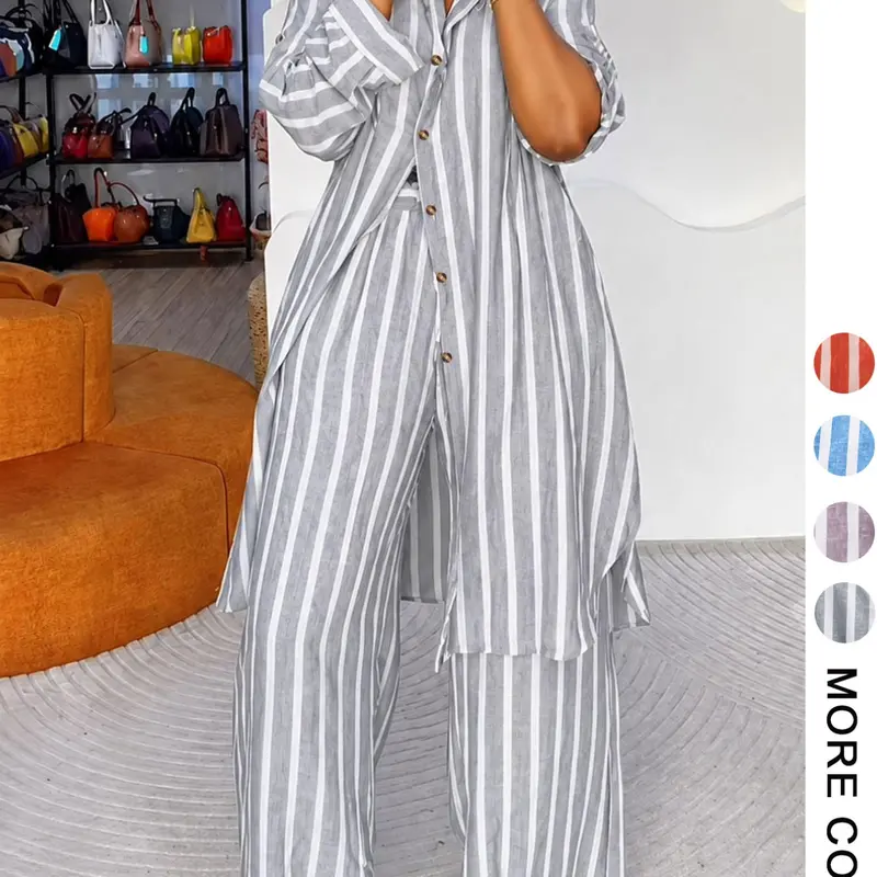 Plus Size Women's Striped Two-Piece Set, Loose Baggy Button Shirt and Wide Leg Pants, Casual High-End Outfit, Comfortable and Stylish