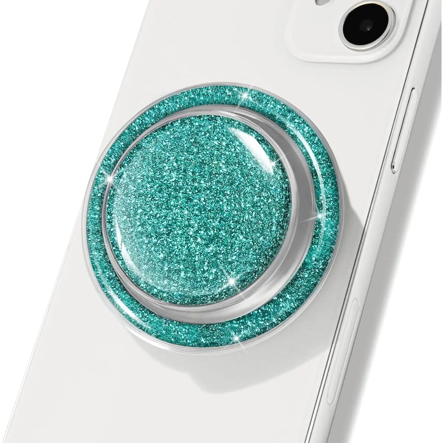 Glitter Phone Holder Compatible with Phones, Foldable Phone Grip Stand for Magsafe Smartphones, Tablet,Phone Case - Transparent Turquoise Sparkly