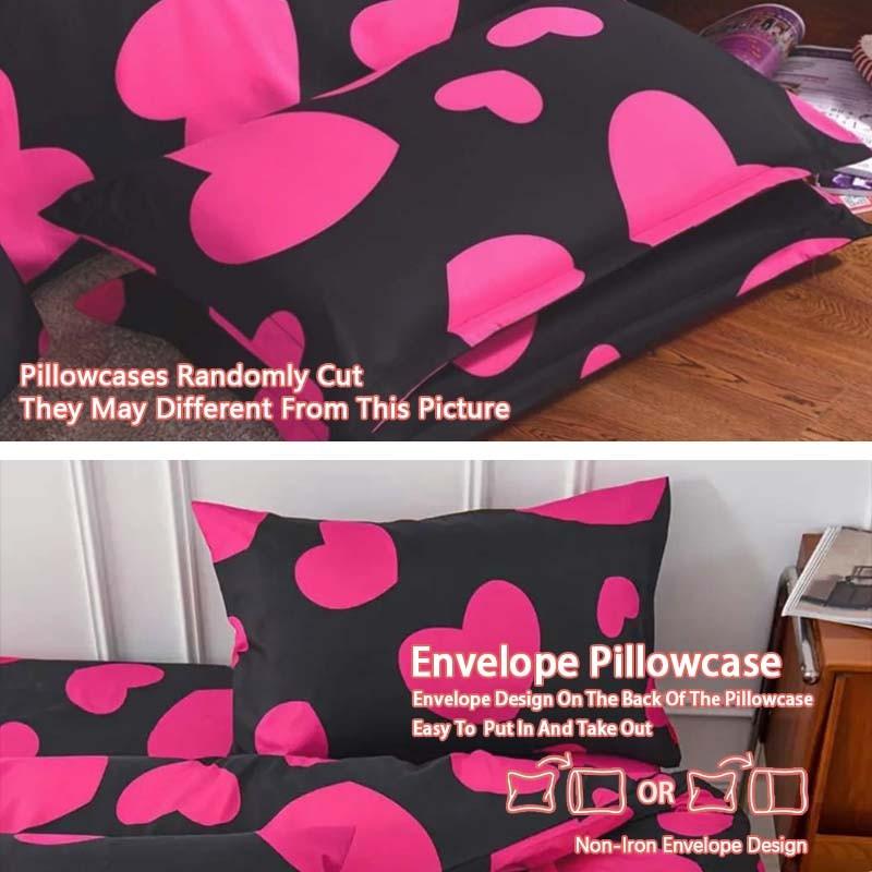 3-Piece Heart Print Duvet Cover Set with Zipper Closure. Soft and comfortable bedding set for bedrooms and guest rooms, including 1 duvet cover and 2 pillowcases, no inserts included.