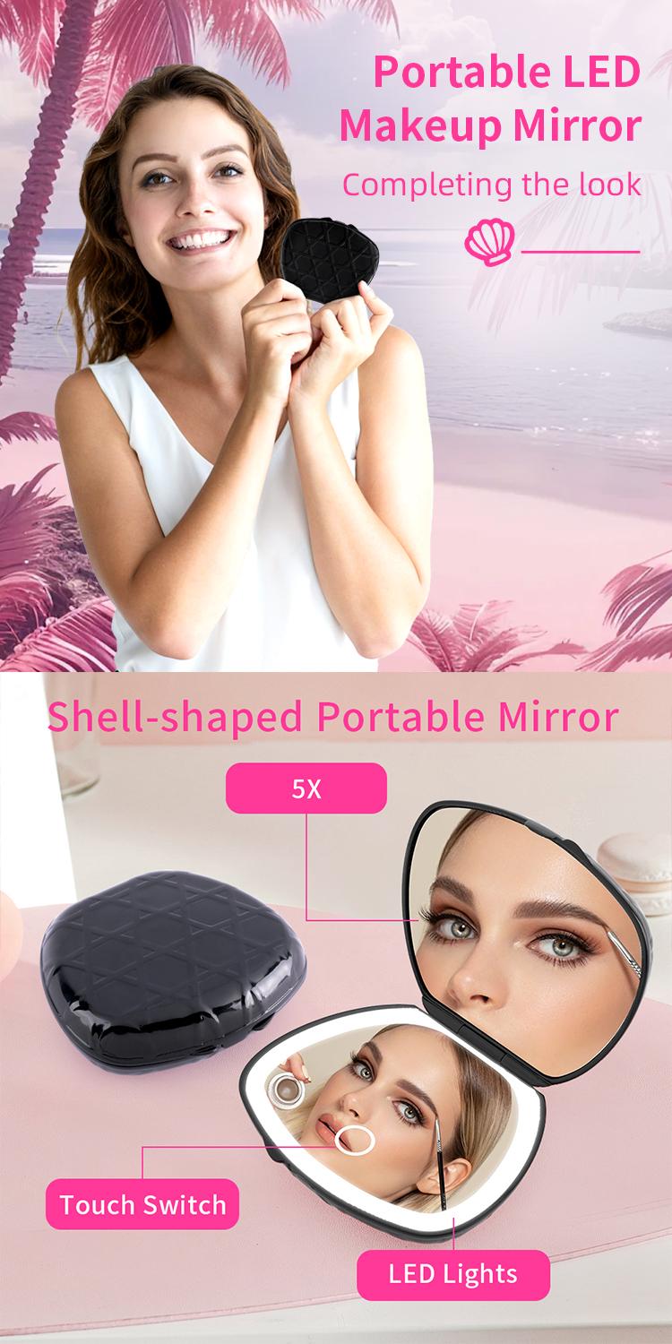 Mini Shell LED Makeup Mirror – White |   5X Magnifier + Touch Dimming + Rechargeable