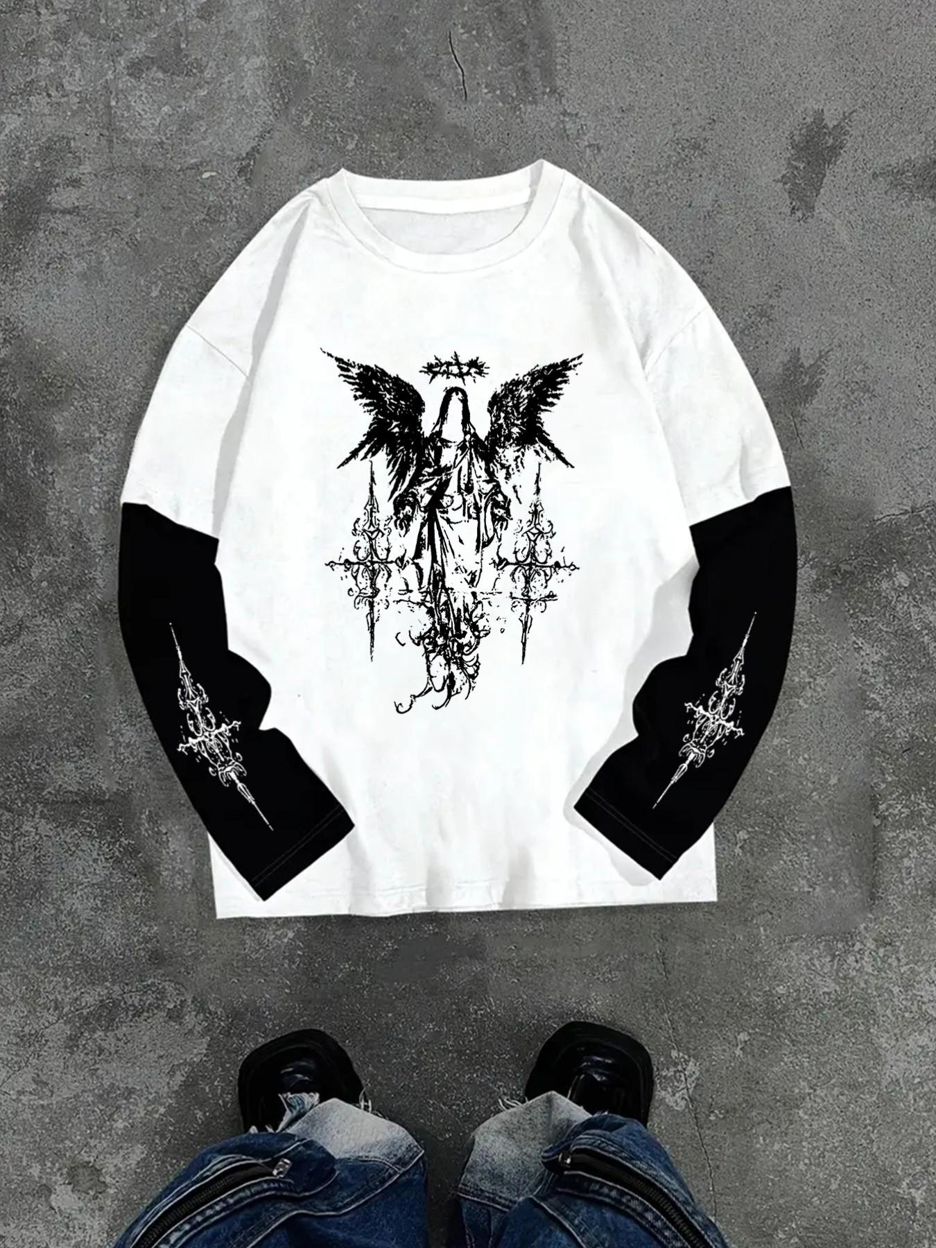 Unisex Gothic Long Sleeve T-Shirt, Fallen Angel Print, Loose Fit, Streetwear Style, Spring & Fall Fashion, Couples' Clothing