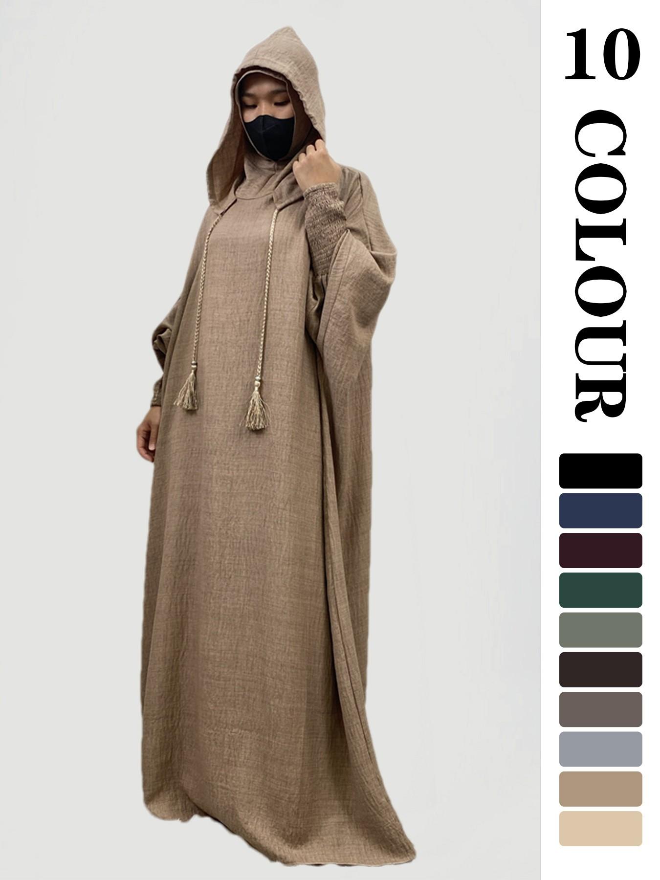 Women's Solid   Hooded   Dress, Casual Long Sleeve Dress for Fall & Winter, Women's Islamic Clothing for Daily Wear, Modesty Muslim Clothing