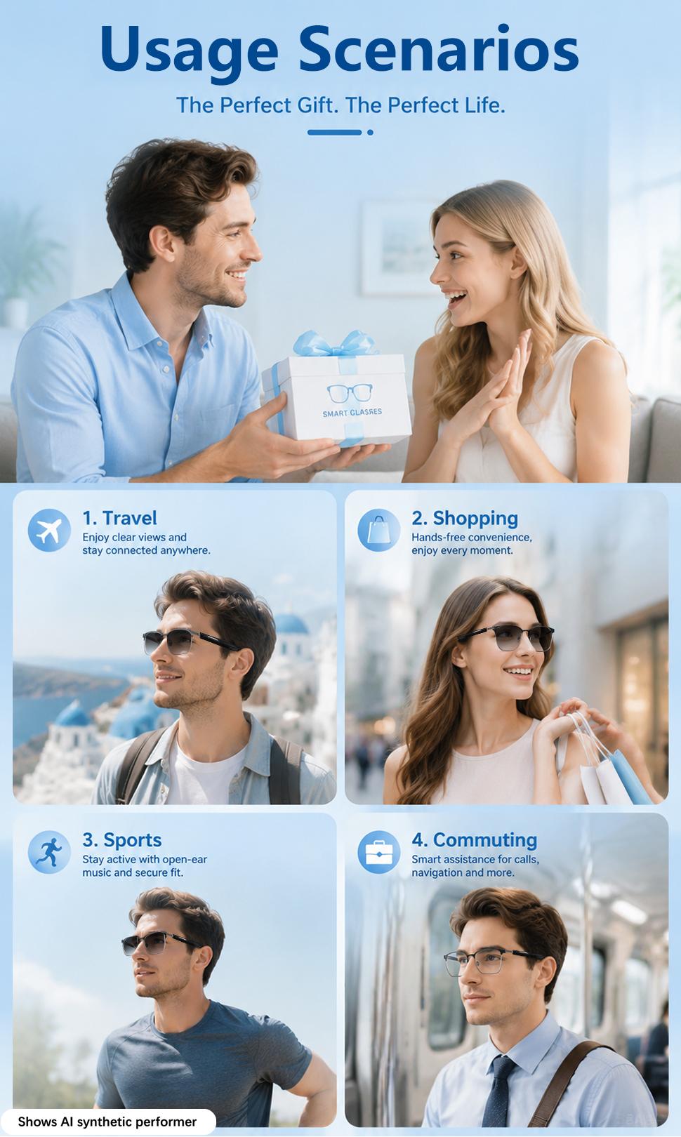 Bluetooth Audio Smart Glasses with Touch Control & Voice Assistant, Photochromic Outdoor Sunglasses, Open Ear Music & Hands-Free Calls, Blue Light Blocking Eyeglasses for Work Travel, Wireless Audio Glasses, Wireless Audio Eyewear