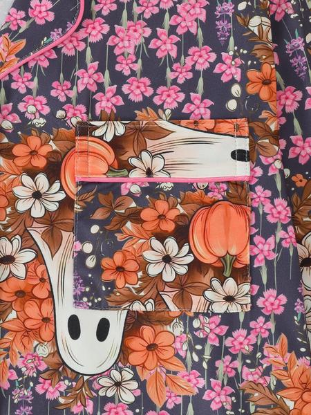 Women's Halloween Pumpkin Bat Print Pajama Set, Lapel Long Sleeve Cardigan & Elastic Waist Pants, All Seasons Sleepwear Home Wear