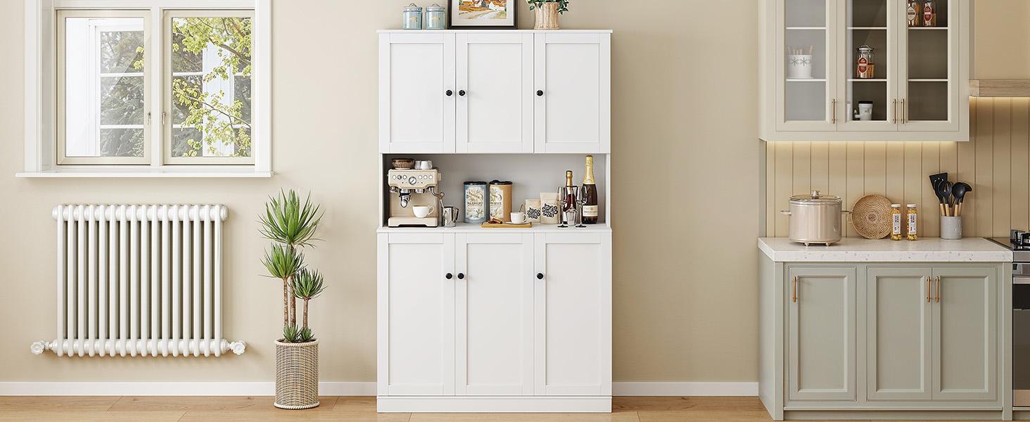 【SPOTLIGHT DAY】ONBRILL 71" Tall Kitchen Pantry Storage Cabinet with Microwave Stand & Door Shelf, Freestanding Kitchen Hutch with 6 Doors and Adjustable Shelves, Modern Food Pantry for Kitchen, Dining Room