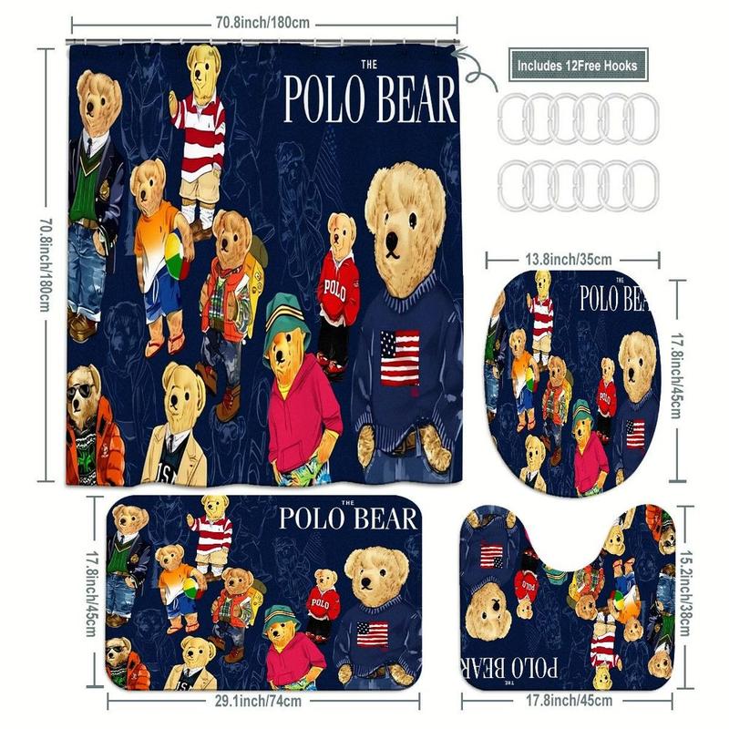 1/4pcs The Polo Bear Bathroom Set - Dark Blue Shower Curtain with Bear Illustrations (Striped Shirts, Casual Attire), Matching Toilet Seat Cover & Bath Mat, Home Decor for Playful Themed Bathrooms, Shower Curtain Sets 1/4pcs The Polo Bear Bathroom Set - Dark Blue Shower Curtain with Bear Illustrations (Striped Shirts, Casual Attire), Matching Toilet Seat Cover & Bath Mat, Home Decor for Playful Themed Bathrooms, Shower Curtain Sets
