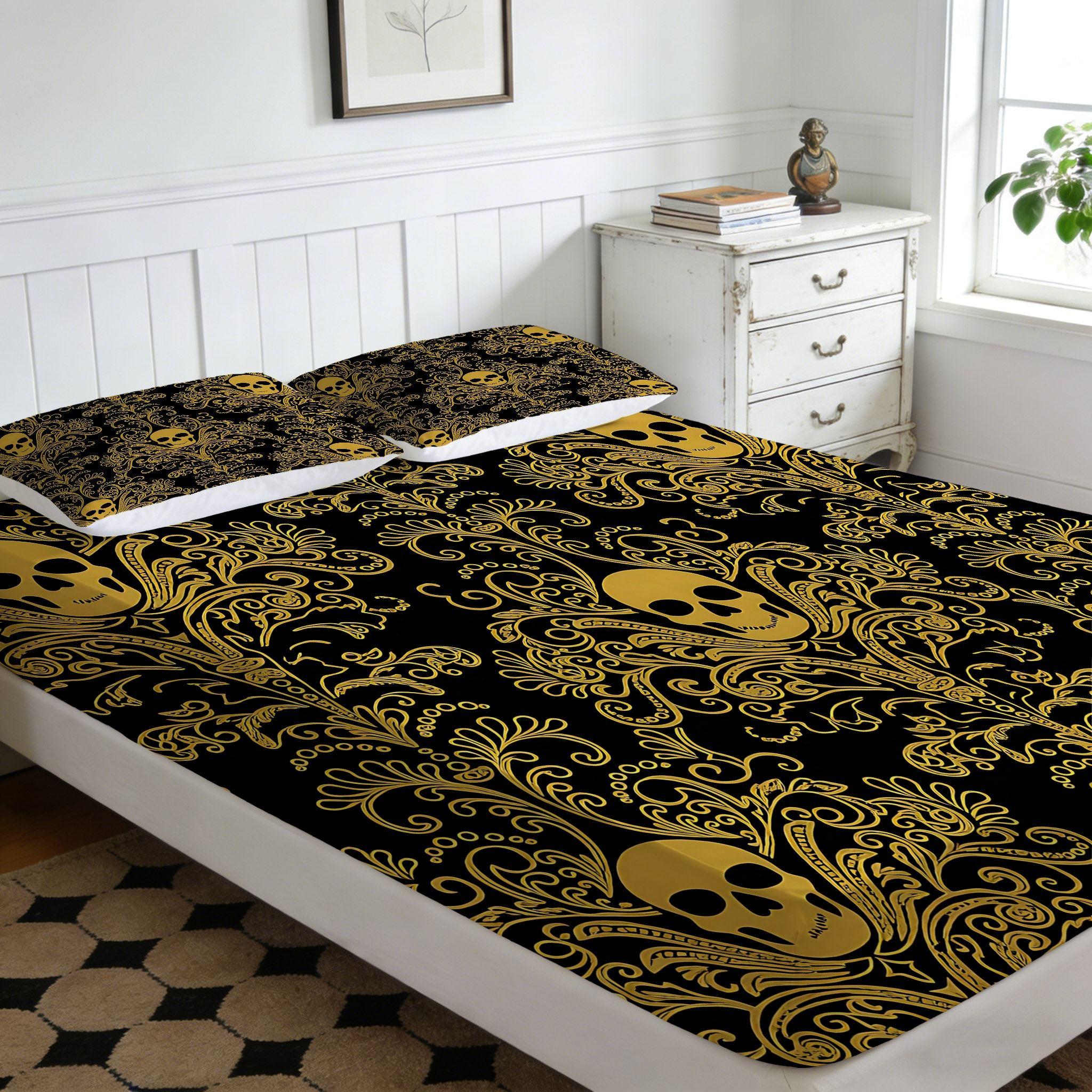 2/3 Pcs Skull Decorative Art Pattern Fitted Sheet Set(1*Fitted Sheet+1/2*Pillowcase,No Filling),High-Definition Digital Printing,Soft And Comfortable Fabric,Suitable For All Year Round,Perfect Gift For Family And Friends On Festivals!