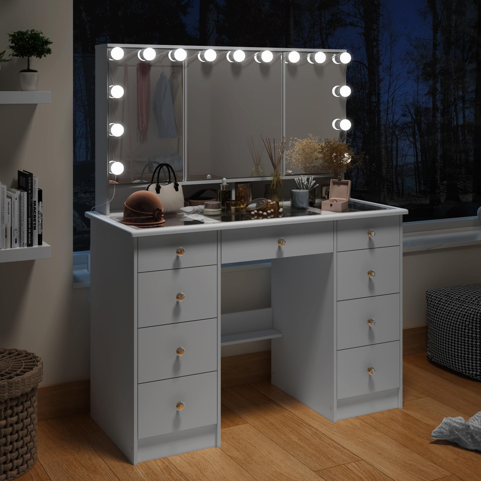 FUFUGAGA-43.3"W Vanity Desk With 9 Drawers, Makeup Desk With 3-Mirror And Touch Screen Light, Dressing Makeup Table For Bedroom