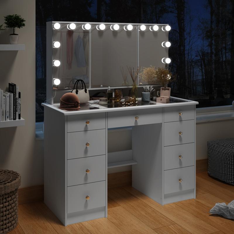 FUFUGAGA-43.3"W Vanity Desk With 9 Drawers, Makeup Desk With 3-Mirror And Touch Screen Light, Dressing Makeup Table For Bedroom
