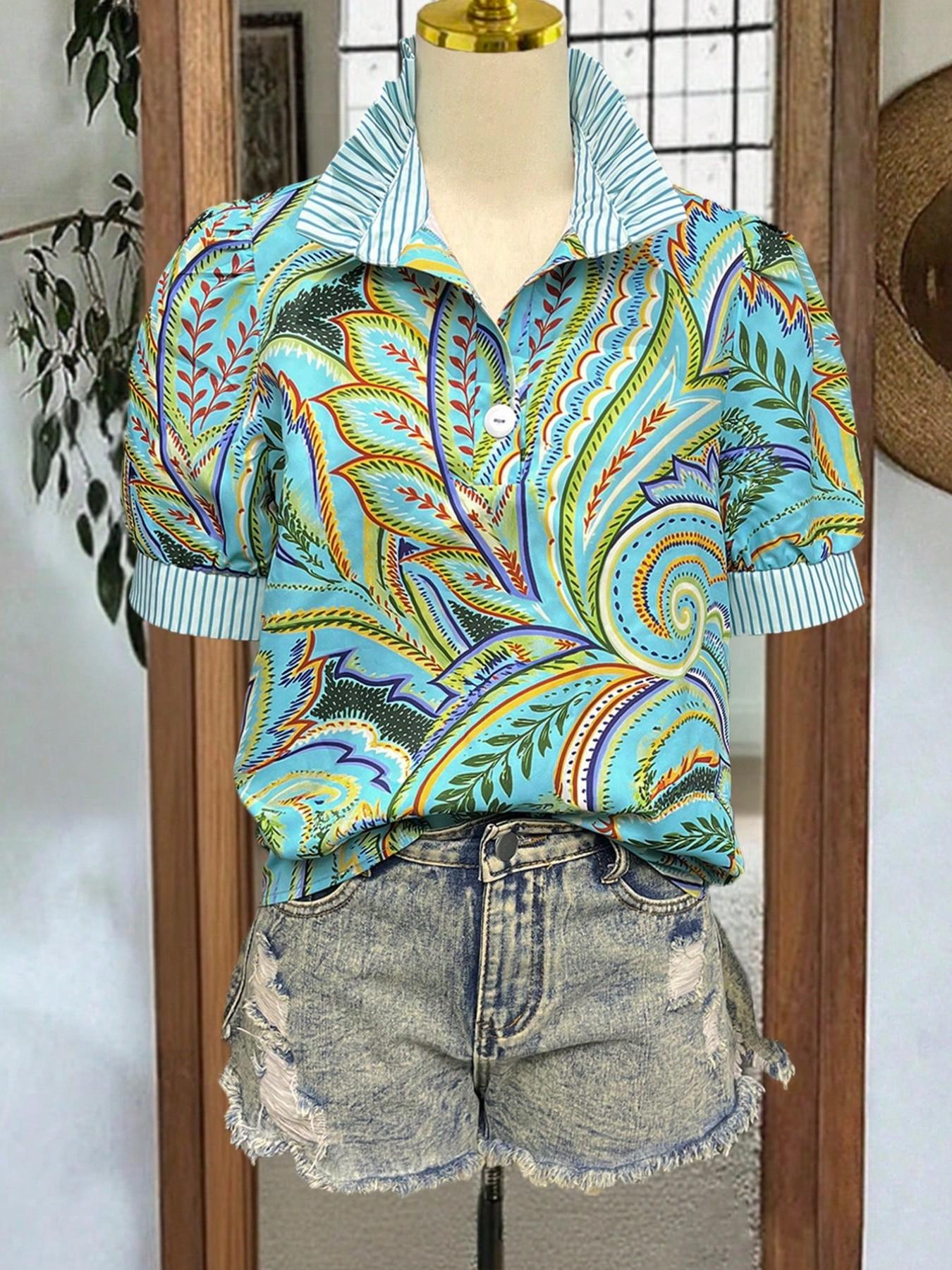 Vintage Paisley Print Blouse Shirt for Women - Spring Summer Casual Half-Open Front Top with Striped Collar