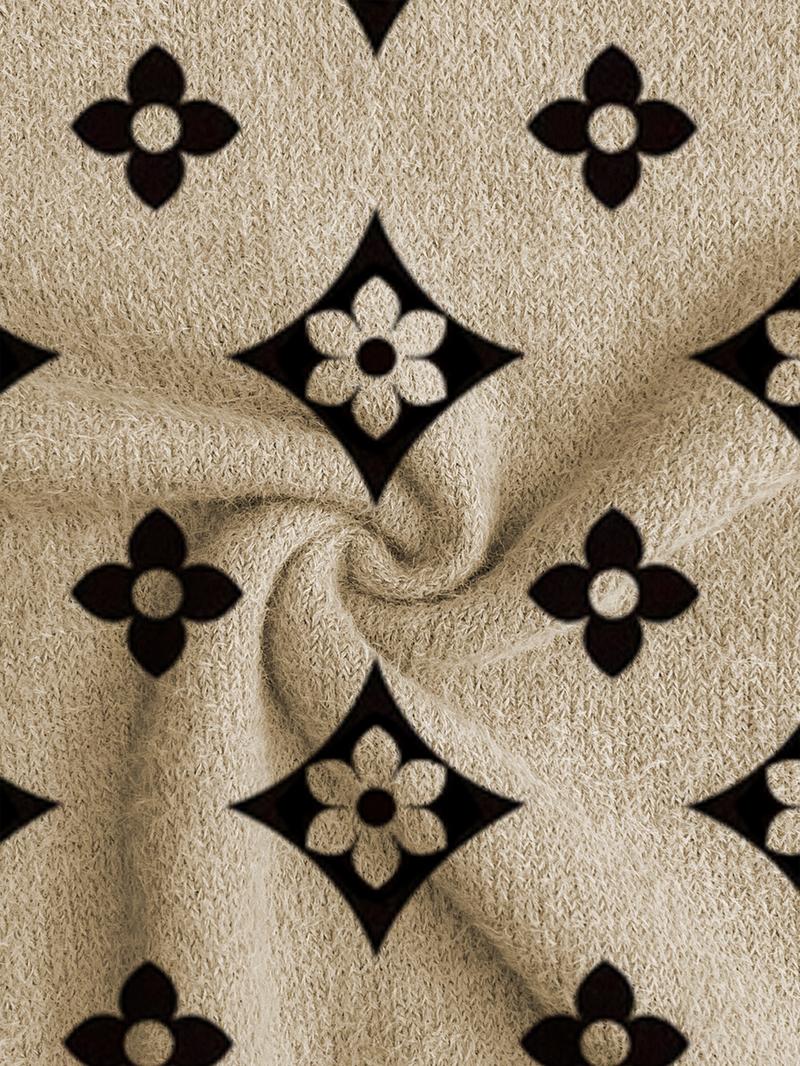 Women's Geometric Pattern Stand Collar Sweater, Fall Winter Casual Long Sleeve Knitwear, Comfortable Warm Daily Wear Women's Geometric Pattern Stand Collar Sweater, Fall Winter Casual Long Sleeve Knitwear, Comfortable Warm Daily Wear